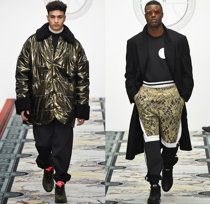 Astrid Andersen 2016-2017 Fall Autumn Winter Mens Runway Catwalk Looks - London Collections: Men British Fashion Council UK United Kingdom - Sportswear Activewear Streetwear Wool Cargo Pockets Scarf Chunky Knit Braid Sweater Jumper Vest Onesie Jumpsuit Coveralls Bib Brace Dungarees Plaid Tartan Waffle Quilted Fringes Nylon Shirt Outerwear Coat Jacket Furry Plush