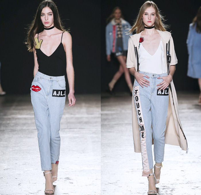 au jour le jour 2016-2017 Fall Autumn Winter Womens Runway Catwalk Collection Looks - Milan Fashion Week Milano Moda Donna Italy - Patches Denim Jeans Pop Art Canary Bird Lettering Sheer Chiffon Adornments Sequins Paillettes Dress Shearling Miniskirt Lips Arrow Noodle Strap Cutout Shoulders Playsuit Bib Brace Knit Sweater Turtleneck Furry Coat Dress Check Silk Satin Rose Martini Rebus Touch Smell Look At Me
