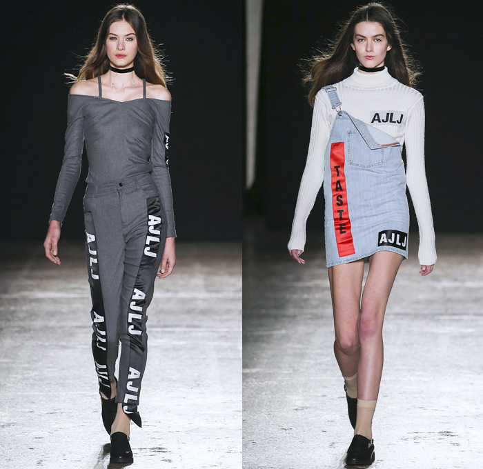 au jour le jour 2016-2017 Fall Autumn Winter Womens Runway Catwalk Collection Looks - Milan Fashion Week Milano Moda Donna Italy - Patches Denim Jeans Pop Art Canary Bird Lettering Sheer Chiffon Adornments Sequins Paillettes Dress Shearling Miniskirt Lips Arrow Noodle Strap Cutout Shoulders Playsuit Bib Brace Knit Sweater Turtleneck Furry Coat Dress Check Silk Satin Rose Martini Rebus Touch Smell Look At Me