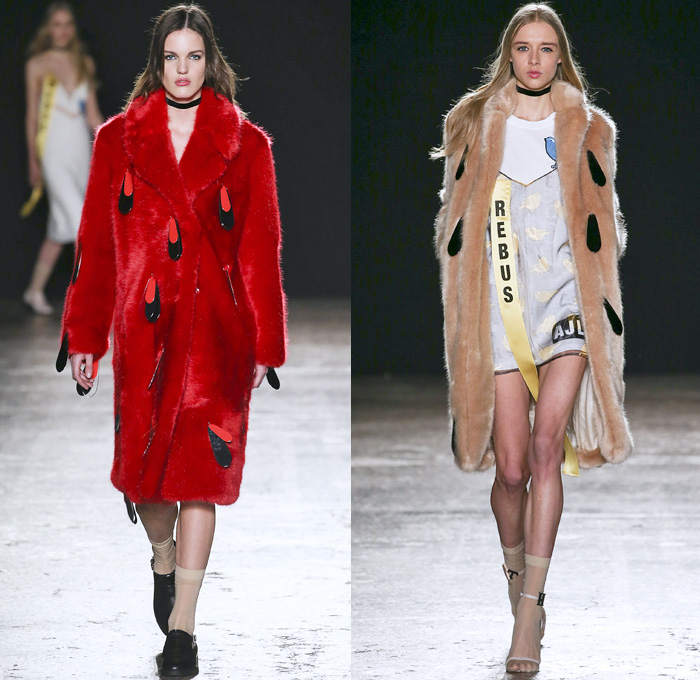 au jour le jour 2016-2017 Fall Autumn Winter Womens Runway Catwalk Collection Looks - Milan Fashion Week Milano Moda Donna Italy - Patches Denim Jeans Pop Art Canary Bird Lettering Sheer Chiffon Adornments Sequins Paillettes Dress Shearling Miniskirt Lips Arrow Noodle Strap Cutout Shoulders Playsuit Bib Brace Knit Sweater Turtleneck Furry Coat Dress Check Silk Satin Rose Martini Rebus Touch Smell Look At Me