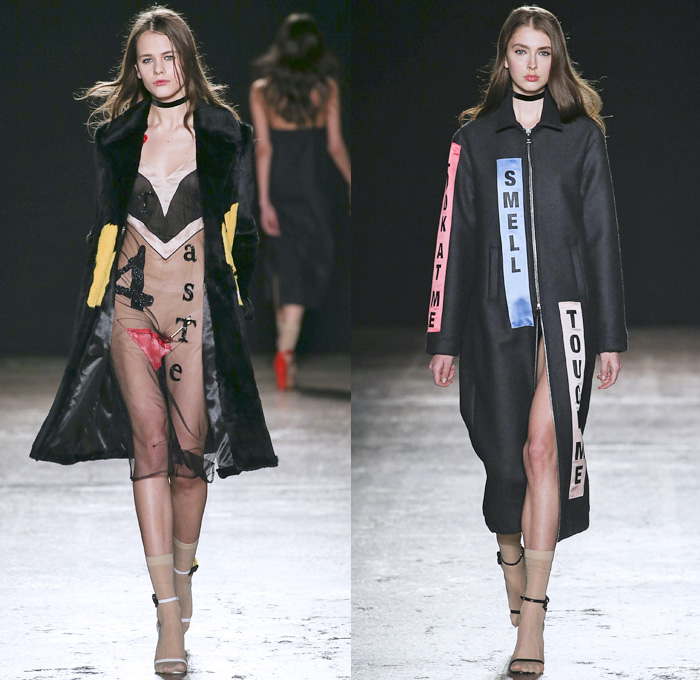 au jour le jour 2016-2017 Fall Autumn Winter Womens Runway Catwalk Collection Looks - Milan Fashion Week Milano Moda Donna Italy - Patches Denim Jeans Pop Art Canary Bird Lettering Sheer Chiffon Adornments Sequins Paillettes Dress Shearling Miniskirt Lips Arrow Noodle Strap Cutout Shoulders Playsuit Bib Brace Knit Sweater Turtleneck Furry Coat Dress Check Silk Satin Rose Martini Rebus Touch Smell Look At Me