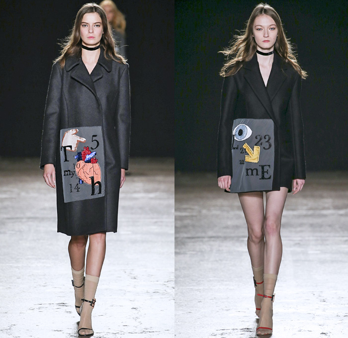au jour le jour 2016-2017 Fall Autumn Winter Womens Runway Catwalk Collection Looks - Milan Fashion Week Milano Moda Donna Italy - Patches Denim Jeans Pop Art Canary Bird Lettering Sheer Chiffon Adornments Sequins Paillettes Dress Shearling Miniskirt Lips Arrow Noodle Strap Cutout Shoulders Playsuit Bib Brace Knit Sweater Turtleneck Furry Coat Dress Check Silk Satin Rose Martini Rebus Touch Smell Look At Me