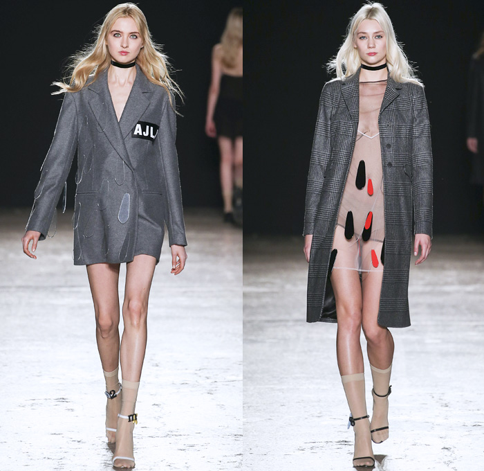 au jour le jour 2016-2017 Fall Autumn Winter Womens Runway Catwalk Collection Looks - Milan Fashion Week Milano Moda Donna Italy - Patches Denim Jeans Pop Art Canary Bird Lettering Sheer Chiffon Adornments Sequins Paillettes Dress Shearling Miniskirt Lips Arrow Noodle Strap Cutout Shoulders Playsuit Bib Brace Knit Sweater Turtleneck Furry Coat Dress Check Silk Satin Rose Martini Rebus Touch Smell Look At Me
