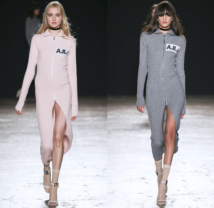 au jour le jour 2016-2017 Fall Autumn Winter Womens Runway Catwalk Collection Looks - Milan Fashion Week Milano Moda Donna Italy - Patches Denim Jeans Pop Art Canary Bird Lettering Sheer Chiffon Adornments Sequins Paillettes Dress Shearling Miniskirt Lips Arrow Noodle Strap Cutout Shoulders Playsuit Bib Brace Knit Sweater Turtleneck Furry Coat Dress Check Silk Satin Rose Martini Rebus Touch Smell Look At Me