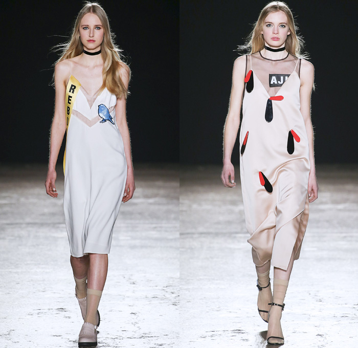 au jour le jour 2016-2017 Fall Autumn Winter Womens Runway Catwalk Collection Looks - Milan Fashion Week Milano Moda Donna Italy - Patches Denim Jeans Pop Art Canary Bird Lettering Sheer Chiffon Adornments Sequins Paillettes Dress Shearling Miniskirt Lips Arrow Noodle Strap Cutout Shoulders Playsuit Bib Brace Knit Sweater Turtleneck Furry Coat Dress Check Silk Satin Rose Martini Rebus Touch Smell Look At Me