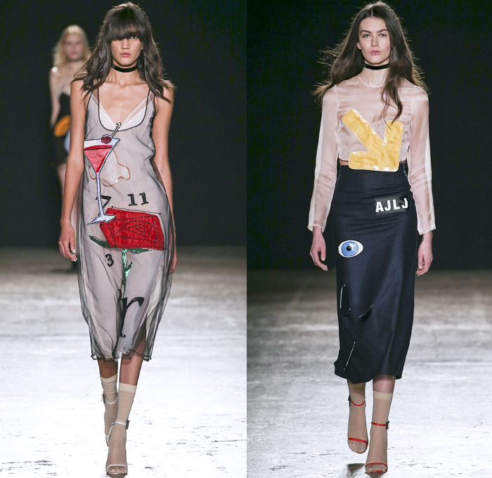 au jour le jour 2016-2017 Fall Autumn Winter Womens Runway Catwalk Collection Looks - Milan Fashion Week Milano Moda Donna Italy - Patches Denim Jeans Pop Art Canary Bird Lettering Sheer Chiffon Adornments Sequins Paillettes Dress Shearling Miniskirt Lips Arrow Noodle Strap Cutout Shoulders Playsuit Bib Brace Knit Sweater Turtleneck Furry Coat Dress Check Silk Satin Rose Martini Rebus Touch Smell Look At Me