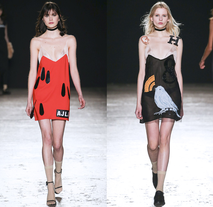 au jour le jour 2016-2017 Fall Autumn Winter Womens Runway Catwalk Collection Looks - Milan Fashion Week Milano Moda Donna Italy - Patches Denim Jeans Pop Art Canary Bird Lettering Sheer Chiffon Adornments Sequins Paillettes Dress Shearling Miniskirt Lips Arrow Noodle Strap Cutout Shoulders Playsuit Bib Brace Knit Sweater Turtleneck Furry Coat Dress Check Silk Satin Rose Martini Rebus Touch Smell Look At Me
