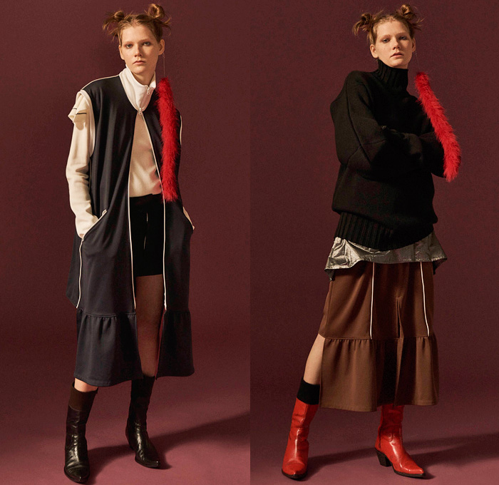 BACK by Ann-Sofie Back 2016-2017 Fall Autumn Winter Womens Lookbook Presentation - Fashion Week Stockholm Sweden - Fringes Scarf Dress Metallic Silk Drapery Jogger Sweatpants Elbow Holes Deconstructed Chunky Knit Sweater Ribbed Pants Trousers Bloated Knees Blouse Oversized Long Sleeve Shirt Tunic Waistcoat Sleeveless Skirtvest Boots Lace Capelet