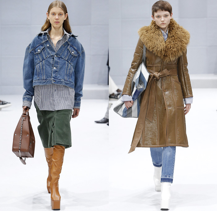 Balenciaga 2016-2017 Fall Autumn Winter Womens Runway Catwalk Collection Looks - Paris Fashion Week Mode à Paris France - Denim Jean Jacket Boxy Curved Waist Padded Flowers Floral Print Plaid Tartan Check Blouse Trench Coat Furry Turtleneck Skirt Frock Chain Sweater Parka Stripes Quilted Waffle Puffer Pantsuit Blazer Strapless Ruffles Mix Panels Patchwork Pointed Shoulders Sheer Leggings Candy Cane Handbag Boots Tote
