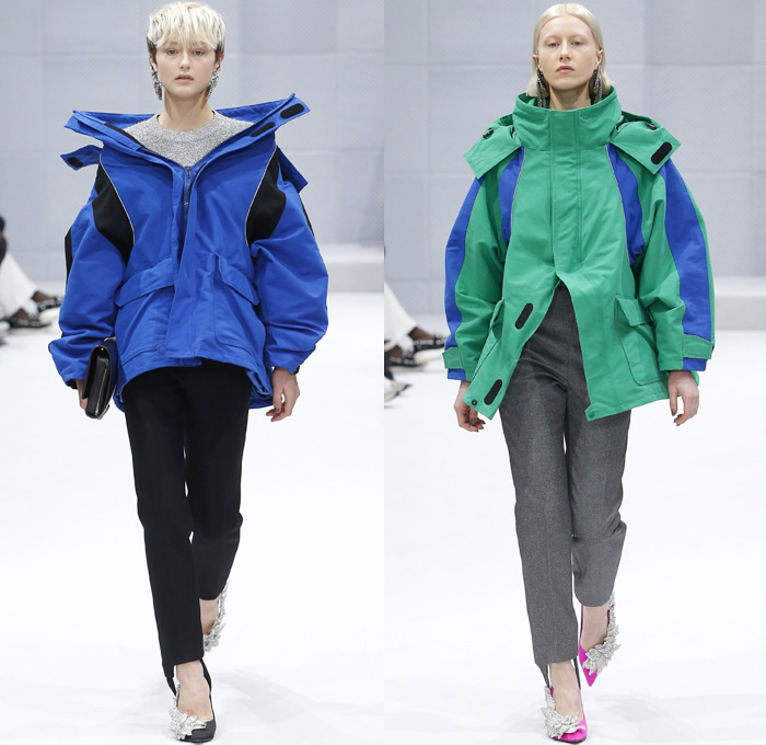 Balenciaga 2016-2017 Fall Autumn Winter Womens Runway Catwalk Collection Looks - Paris Fashion Week Mode à Paris France - Denim Jean Jacket Boxy Curved Waist Padded Flowers Floral Print Plaid Tartan Check Blouse Trench Coat Furry Turtleneck Skirt Frock Chain Sweater Parka Stripes Quilted Waffle Puffer Pantsuit Blazer Strapless Ruffles Mix Panels Patchwork Pointed Shoulders Sheer Leggings Candy Cane Handbag Boots Tote