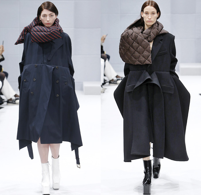 Balenciaga 2016-2017 Fall Autumn Winter Womens Runway Catwalk Collection Looks - Paris Fashion Week Mode à Paris France - Denim Jean Jacket Boxy Curved Waist Padded Flowers Floral Print Plaid Tartan Check Blouse Trench Coat Furry Turtleneck Skirt Frock Chain Sweater Parka Stripes Quilted Waffle Puffer Pantsuit Blazer Strapless Ruffles Mix Panels Patchwork Pointed Shoulders Sheer Leggings Candy Cane Handbag Boots Tote