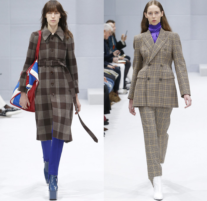 Balenciaga 2016-2017 Fall Autumn Winter Womens Runway Catwalk Collection Looks - Paris Fashion Week Mode à Paris France - Denim Jean Jacket Boxy Curved Waist Padded Flowers Floral Print Plaid Tartan Check Blouse Trench Coat Furry Turtleneck Skirt Frock Chain Sweater Parka Stripes Quilted Waffle Puffer Pantsuit Blazer Strapless Ruffles Mix Panels Patchwork Pointed Shoulders Sheer Leggings Candy Cane Handbag Boots Tote