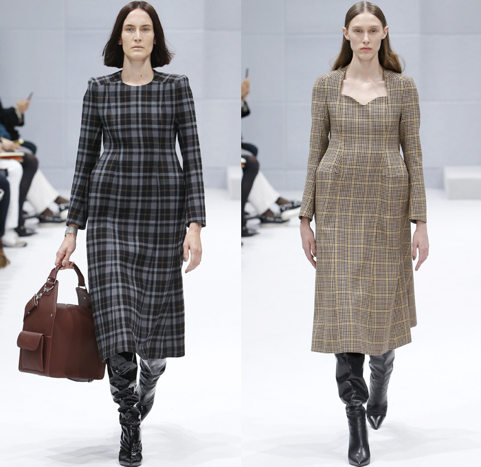 Balenciaga 2016-2017 Fall Autumn Winter Womens Runway Catwalk Collection Looks - Paris Fashion Week Mode à Paris France - Denim Jean Jacket Boxy Curved Waist Padded Flowers Floral Print Plaid Tartan Check Blouse Trench Coat Furry Turtleneck Skirt Frock Chain Sweater Parka Stripes Quilted Waffle Puffer Pantsuit Blazer Strapless Ruffles Mix Panels Patchwork Pointed Shoulders Sheer Leggings Candy Cane Handbag Boots Tote
