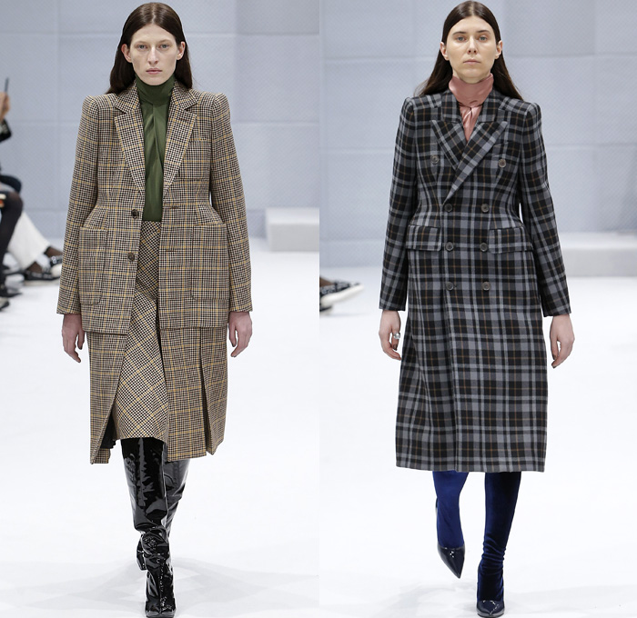 Balenciaga 2016-2017 Fall Autumn Winter Womens Runway Catwalk Collection Looks - Paris Fashion Week Mode à Paris France - Denim Jean Jacket Boxy Curved Waist Padded Flowers Floral Print Plaid Tartan Check Blouse Trench Coat Furry Turtleneck Skirt Frock Chain Sweater Parka Stripes Quilted Waffle Puffer Pantsuit Blazer Strapless Ruffles Mix Panels Patchwork Pointed Shoulders Sheer Leggings Candy Cane Handbag Boots Tote