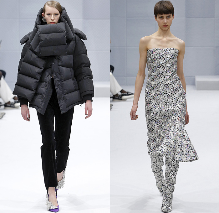 Balenciaga 2016-2017 Fall Autumn Winter Womens Runway Catwalk Collection Looks - Paris Fashion Week Mode à Paris France - Denim Jean Jacket Boxy Curved Waist Padded Flowers Floral Print Plaid Tartan Check Blouse Trench Coat Furry Turtleneck Skirt Frock Chain Sweater Parka Stripes Quilted Waffle Puffer Pantsuit Blazer Strapless Ruffles Mix Panels Patchwork Pointed Shoulders Sheer Leggings Candy Cane Handbag Boots Tote