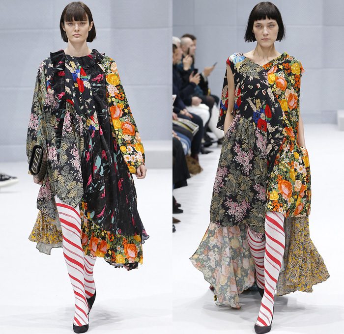 Balenciaga 2016-2017 Fall Autumn Winter Womens Runway Catwalk Collection Looks - Paris Fashion Week Mode à Paris France - Denim Jean Jacket Boxy Curved Waist Padded Flowers Floral Print Plaid Tartan Check Blouse Trench Coat Furry Turtleneck Skirt Frock Chain Sweater Parka Stripes Quilted Waffle Puffer Pantsuit Blazer Strapless Ruffles Mix Panels Patchwork Pointed Shoulders Sheer Leggings Candy Cane Handbag Boots Tote