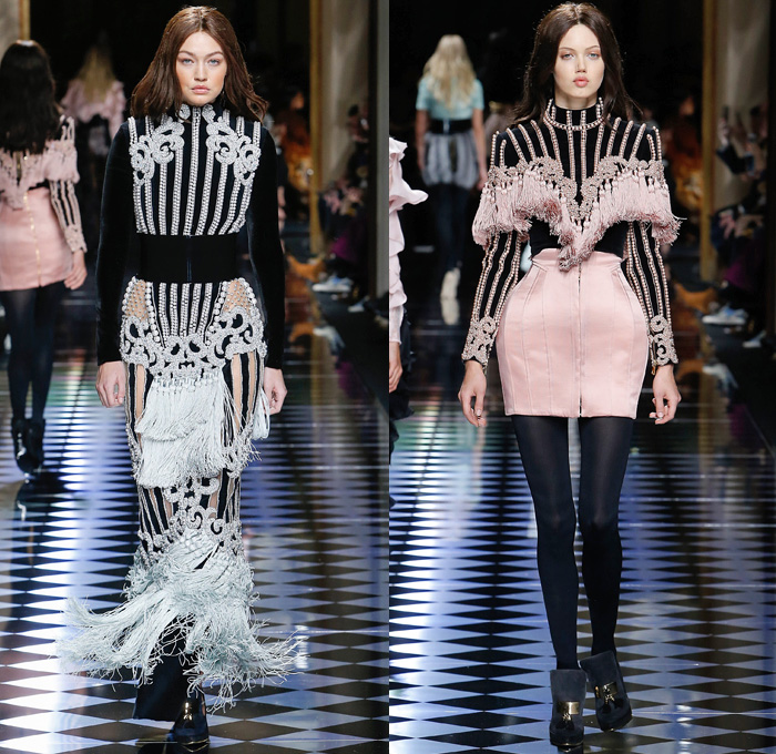 Balmain 2016-2017 Fall Autumn Winter Womens Runway Catwalk Collection Looks - Paris Fashion Week Mode à Paris France - Corset Pearls Tassels Fringes Beads Velvet Ornamental Embroidery Bedazzled Jewels Sheer Lace Cutout Shoulders Coat Stripes Silk Satin Furry Suede Jacquard Miniskirt Dress Gown Eveningwear Bulb Onion Skirt Leggings Stockings Tiered Check Jacket Blazer Wide Belt Knitwear Thigh High Boots