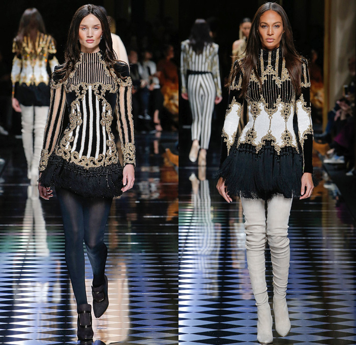 Balmain 2016-2017 Fall Autumn Winter Womens Runway Catwalk Collection Looks - Paris Fashion Week Mode à Paris France - Corset Pearls Tassels Fringes Beads Velvet Ornamental Embroidery Bedazzled Jewels Sheer Lace Cutout Shoulders Coat Stripes Silk Satin Furry Suede Jacquard Miniskirt Dress Gown Eveningwear Bulb Onion Skirt Leggings Stockings Tiered Check Jacket Blazer Wide Belt Knitwear Thigh High Boots