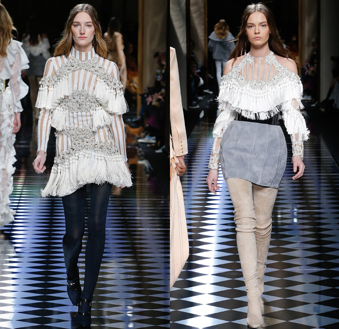 Balmain 2016-2017 Fall Autumn Winter Womens Runway Catwalk Collection Looks - Paris Fashion Week Mode à Paris France - Corset Pearls Tassels Fringes Beads Velvet Ornamental Embroidery Bedazzled Jewels Sheer Lace Cutout Shoulders Coat Stripes Silk Satin Furry Suede Jacquard Miniskirt Dress Gown Eveningwear Bulb Onion Skirt Leggings Stockings Tiered Check Jacket Blazer Wide Belt Knitwear Thigh High Boots