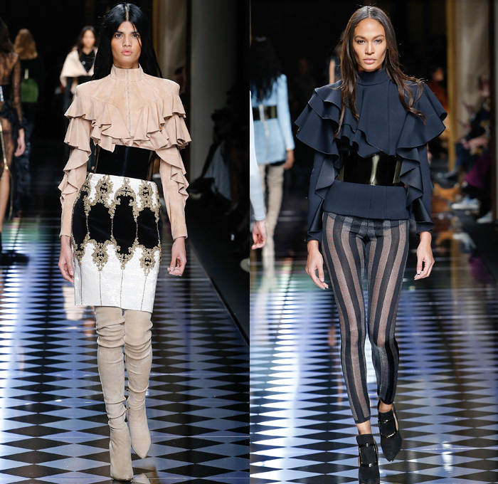 Balmain 2016-2017 Fall Autumn Winter Womens Runway Catwalk Collection Looks - Paris Fashion Week Mode à Paris France - Corset Pearls Tassels Fringes Beads Velvet Ornamental Embroidery Bedazzled Jewels Sheer Lace Cutout Shoulders Coat Stripes Silk Satin Furry Suede Jacquard Miniskirt Dress Gown Eveningwear Bulb Onion Skirt Leggings Stockings Tiered Check Jacket Blazer Wide Belt Knitwear Thigh High Boots