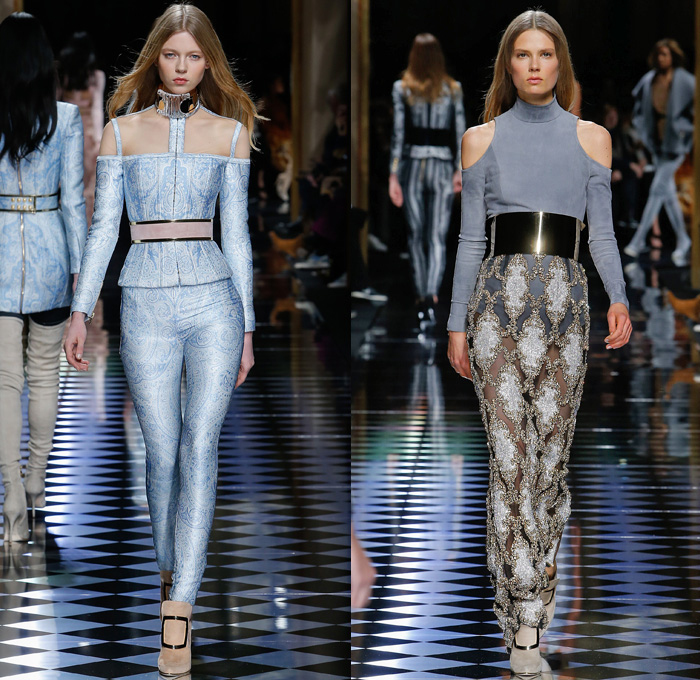 Balmain 2016-2017 Fall Autumn Winter Womens Runway Catwalk Collection Looks - Paris Fashion Week Mode à Paris France - Corset Pearls Tassels Fringes Beads Velvet Ornamental Embroidery Bedazzled Jewels Sheer Lace Cutout Shoulders Coat Stripes Silk Satin Furry Suede Jacquard Miniskirt Dress Gown Eveningwear Bulb Onion Skirt Leggings Stockings Tiered Check Jacket Blazer Wide Belt Knitwear Thigh High Boots