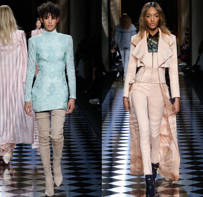 Balmain 2016-2017 Fall Autumn Winter Womens Runway Catwalk Collection Looks - Paris Fashion Week Mode à Paris France - Corset Pearls Tassels Fringes Beads Velvet Ornamental Embroidery Bedazzled Jewels Sheer Lace Cutout Shoulders Coat Stripes Silk Satin Furry Suede Jacquard Miniskirt Dress Gown Eveningwear Bulb Onion Skirt Leggings Stockings Tiered Check Jacket Blazer Wide Belt Knitwear Thigh High Boots