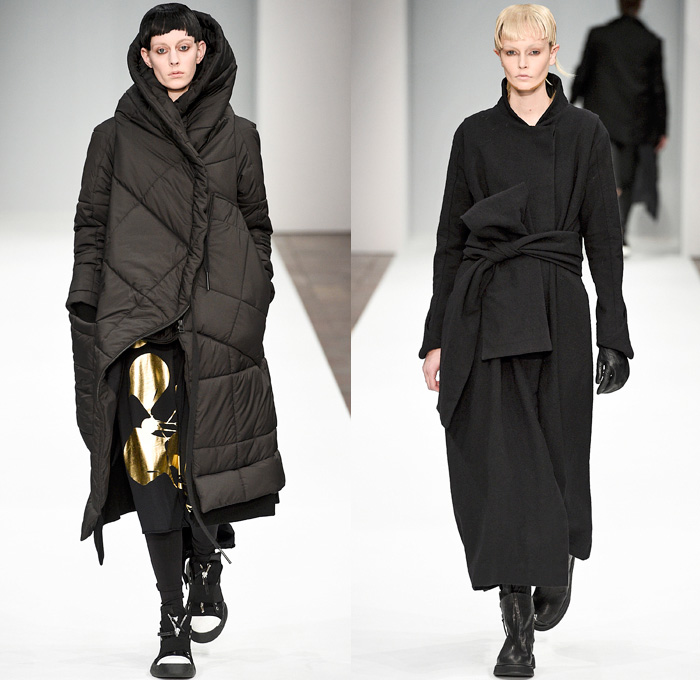 BARBARA I GONGINI 2016-2017 Fall Autumn Winter Womens Runway Catwalk Looks - Copenhagen Fashion Week Denmark CPHFW - Post-Apocalyptic Black Ensembles Blouse Buttons Onesie Suspenders Jumpsuit Coveralls Deconstructed Crop Top Jogger Sweatpants Oversized Outerwear Coat Quilted Parka Sandals Furry Leather Bomber Cutout Shoulders Alien Neckwear Recycled Carpet Knit Sweaterdress Sheer Chiffon Tulle Weave Bag