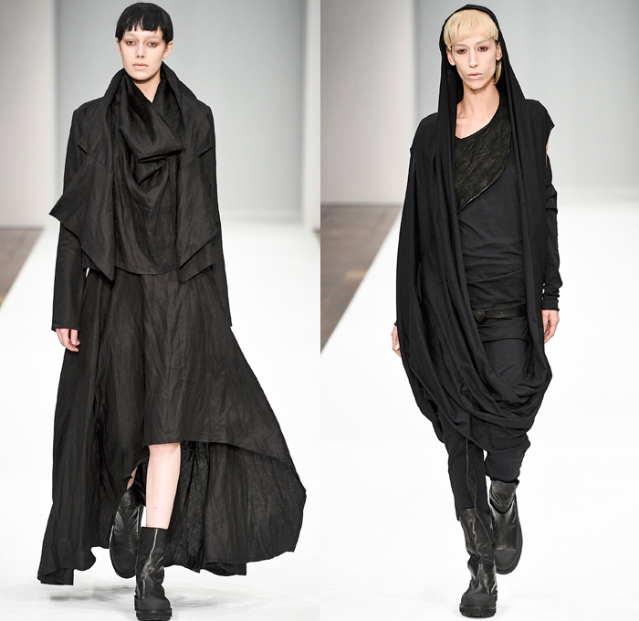 BARBARA I GONGINI 2016-2017 Fall Autumn Winter Womens Runway Catwalk Looks - Copenhagen Fashion Week Denmark CPHFW - Post-Apocalyptic Black Ensembles Blouse Buttons Onesie Suspenders Jumpsuit Coveralls Deconstructed Crop Top Jogger Sweatpants Oversized Outerwear Coat Quilted Parka Sandals Furry Leather Bomber Cutout Shoulders Alien Neckwear Recycled Carpet Knit Sweaterdress Sheer Chiffon Tulle Weave Bag