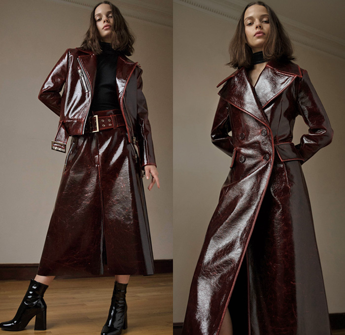 Beaufille 2016-2017 Fall Autumn Winter Womens Lookbook Presentation - New York Fashion Week NYFW - Open Knit Wool Oxblood Boiled Wool Polyurethane Outerwear Coat Wide Lapel Flare Bell Bottom Cropped Wide Leg Trousers Palazzo Pants Strapless Dress Boots Cape Poncho Tunic Straps Open Shoulders One Shoulder Skirt Frock Moto Motorcycle Biker Jacket Furry Shaggy Turtleneck Sleeveless