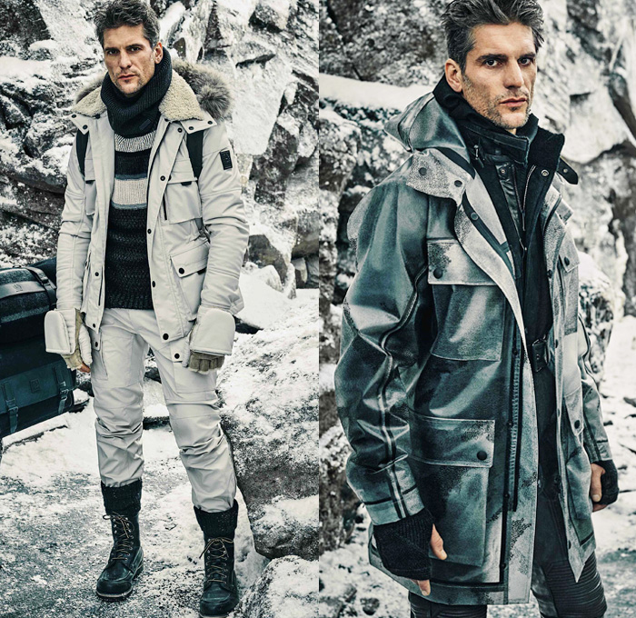 Belstaff England 2016-2017 Fall Autumn Winter Mens Lookbook Presentation - London Collections: Men British Fashion Council UK United Kingdom - Snow Arctic Explorer Nylon Cargo Pockets Utilitarian Outerwear Coat Overcoat Quilted Waffle Puffer Puffy Down Jacket Parka Boots Furry Shaggy Plush Hoodie Gloves Chunky Knit Sweater Knee Panels Motorcycle Biker Rider Leather Shearling Vest Waistcoat Gilet Bag Backpack