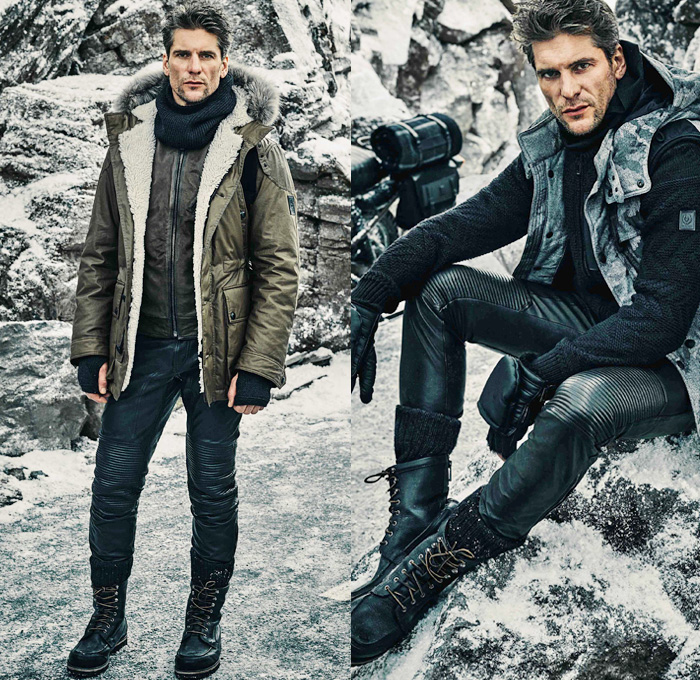 Belstaff England 2016-2017 Fall Autumn Winter Mens Lookbook Presentation - London Collections: Men British Fashion Council UK United Kingdom - Snow Arctic Explorer Nylon Cargo Pockets Utilitarian Outerwear Coat Overcoat Quilted Waffle Puffer Puffy Down Jacket Parka Boots Furry Shaggy Plush Hoodie Gloves Chunky Knit Sweater Knee Panels Motorcycle Biker Rider Leather Shearling Vest Waistcoat Gilet Bag Backpack