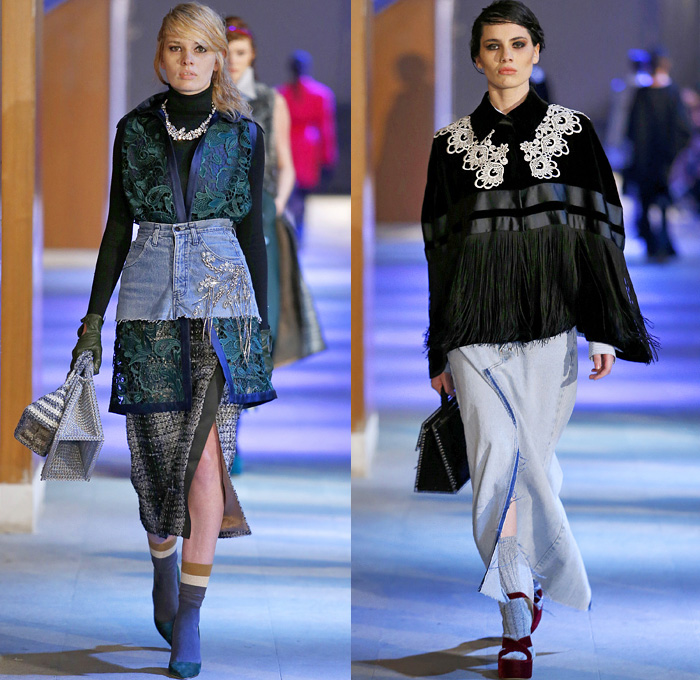 BEssARION 2016-2017 Fall Autumn Winter Womens Runway Catwalk Looks - Mercedes-Benz Fashion Week Tbilisi Georgia - Denim Jeans Flowers Floral Print Motif Embroidery Adornments Bedazzled Lace Crochet Knit Turtleneck Frayed Raw Hem Plaid Tartan Peplum Asymmetrical Elongated Sleeves Pussycat Bow Ribbon Wrap Knot Blouse Tweed Stripes Dress Noodle Strap Fringes Corset Velvet Poodle Skirt Oversized Outerwear Coat Boxy Shoulders