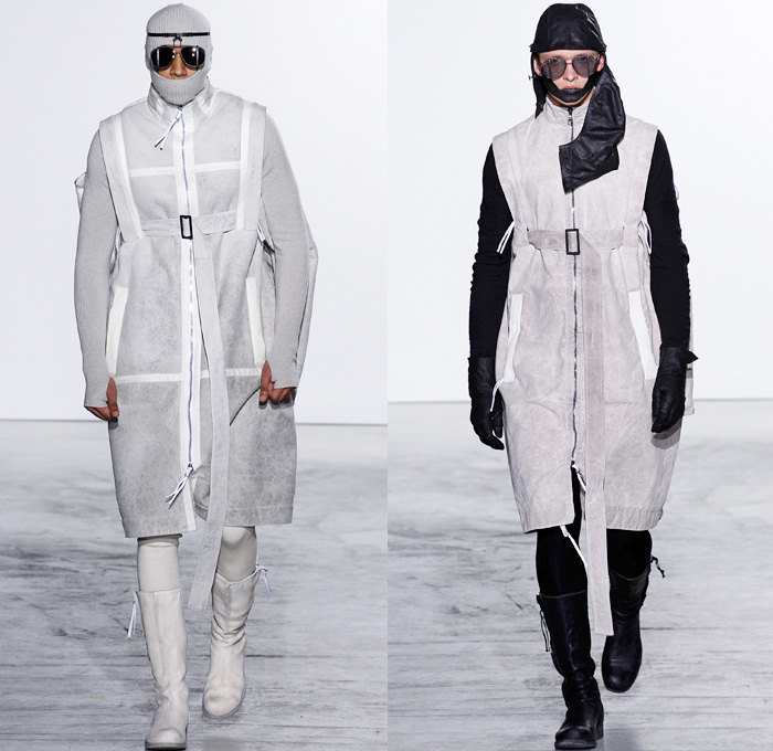 Boris Bidjan Saberi Barcelona Spain 2016-2017 Fall Autumn Winter Mens Runway Catwalk Looks - Mode à Paris Fashion Week Mode Masculine France - Arctic Snow Cold Post-Apocalyptic Explorer Sleek Oversized Outerwear Coat Long Vest Waistcoat Sleeveless Leggings Boots Belts Straps Knit Sweater Jumper Layers Leather Suede Wool Jacket Manskirt Kilt Androgyny Shirtdress Sling Pack Mask Knit Cap Headwear Bag Backpack