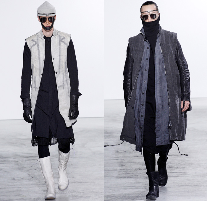 Boris Bidjan Saberi Barcelona Spain 2016-2017 Fall Autumn Winter Mens Runway Catwalk Looks - Mode à Paris Fashion Week Mode Masculine France - Arctic Snow Cold Post-Apocalyptic Explorer Sleek Oversized Outerwear Coat Long Vest Waistcoat Sleeveless Leggings Boots Belts Straps Knit Sweater Jumper Layers Leather Suede Wool Jacket Manskirt Kilt Androgyny Shirtdress Sling Pack Mask Knit Cap Headwear Bag Backpack