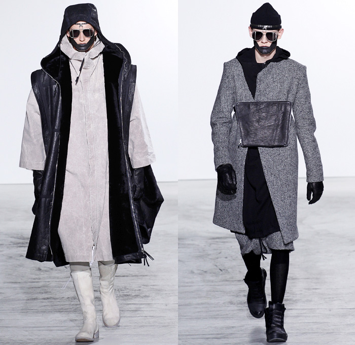 Boris Bidjan Saberi Barcelona Spain 2016-2017 Fall Autumn Winter Mens Runway Catwalk Looks - Mode à Paris Fashion Week Mode Masculine France - Arctic Snow Cold Post-Apocalyptic Explorer Sleek Oversized Outerwear Coat Long Vest Waistcoat Sleeveless Leggings Boots Belts Straps Knit Sweater Jumper Layers Leather Suede Wool Jacket Manskirt Kilt Androgyny Shirtdress Sling Pack Mask Knit Cap Headwear Bag Backpack