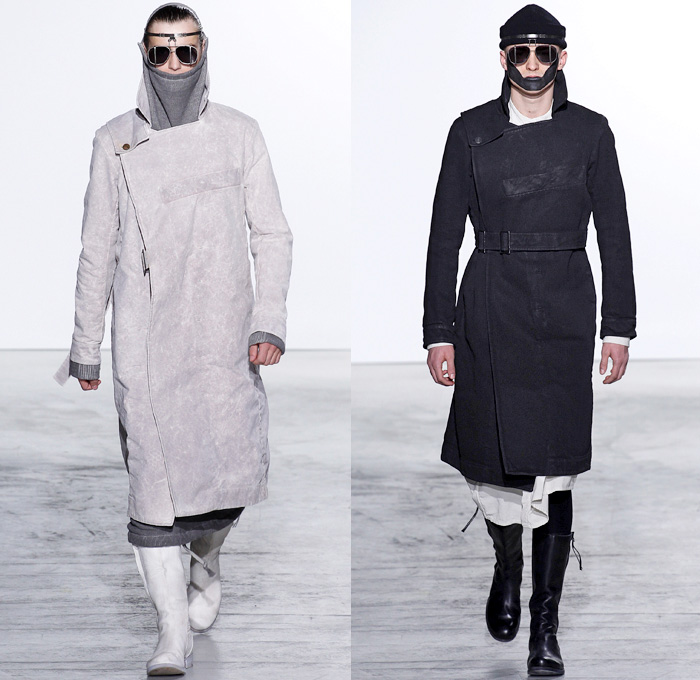 Boris Bidjan Saberi Barcelona Spain 2016-2017 Fall Autumn Winter Mens Runway Catwalk Looks - Mode à Paris Fashion Week Mode Masculine France - Arctic Snow Cold Post-Apocalyptic Explorer Sleek Oversized Outerwear Coat Long Vest Waistcoat Sleeveless Leggings Boots Belts Straps Knit Sweater Jumper Layers Leather Suede Wool Jacket Manskirt Kilt Androgyny Shirtdress Sling Pack Mask Knit Cap Headwear Bag Backpack