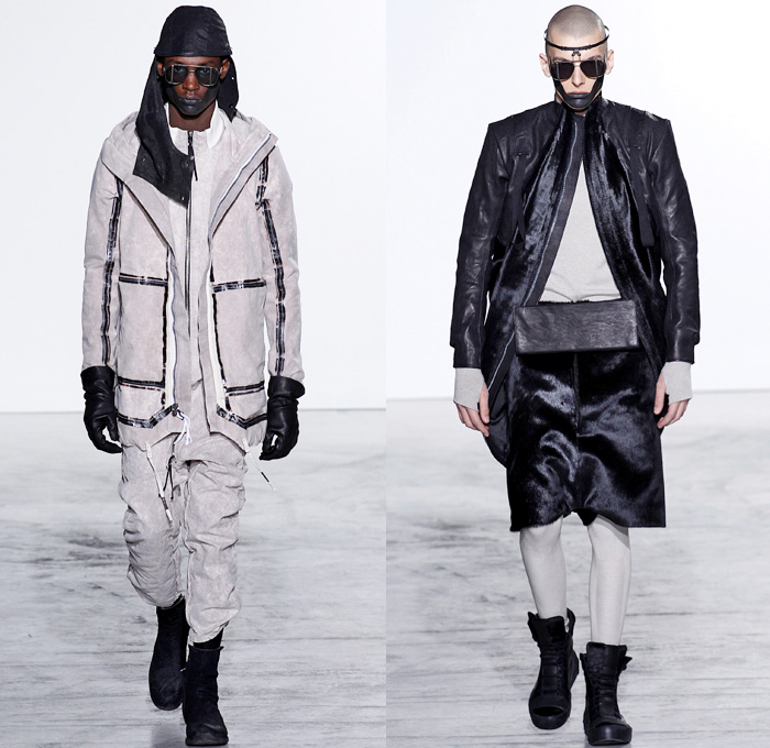 Boris Bidjan Saberi Barcelona Spain 2016-2017 Fall Autumn Winter Mens Runway Catwalk Looks - Mode à Paris Fashion Week Mode Masculine France - Arctic Snow Cold Post-Apocalyptic Explorer Sleek Oversized Outerwear Coat Long Vest Waistcoat Sleeveless Leggings Boots Belts Straps Knit Sweater Jumper Layers Leather Suede Wool Jacket Manskirt Kilt Androgyny Shirtdress Sling Pack Mask Knit Cap Headwear Bag Backpack