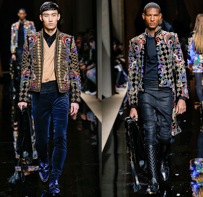 Balmain 2016-2017 Fall Autumn Winter Mens Runway Catwalk Looks - Mode à Paris Fashion Week Mode Masculine France - Military Marching Band Ornamental Embroidery Adornments Bedazzled Gold Studs Fringes Velvet Harlequin Plaid Tartan Check Coat Furry Quilted Waffle Leather Parka Tuxedo Cocktail Smoking Jacket Vest Waistcoat Kimono Wrap Cummerbund Sash Waist Boots Medals Emblem Stripes Colonial Knee Panels Biker Pants