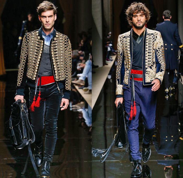 Balmain 2016-2017 Fall Autumn Winter Mens Runway Catwalk Looks - Mode à Paris Fashion Week Mode Masculine France - Military Marching Band Ornamental Embroidery Adornments Bedazzled Gold Studs Fringes Velvet Harlequin Plaid Tartan Check Coat Furry Quilted Waffle Leather Parka Tuxedo Cocktail Smoking Jacket Vest Waistcoat Kimono Wrap Cummerbund Sash Waist Boots Medals Emblem Stripes Colonial Knee Panels Biker Pants