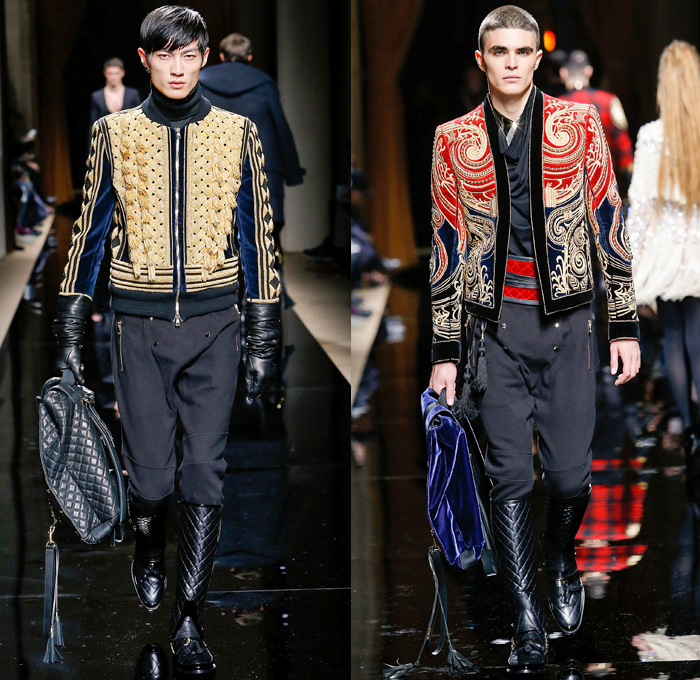 Balmain 2016-2017 Fall Autumn Winter Mens Runway Catwalk Looks - Mode à Paris Fashion Week Mode Masculine France - Military Marching Band Ornamental Embroidery Adornments Bedazzled Gold Studs Fringes Velvet Harlequin Plaid Tartan Check Coat Furry Quilted Waffle Leather Parka Tuxedo Cocktail Smoking Jacket Vest Waistcoat Kimono Wrap Cummerbund Sash Waist Boots Medals Emblem Stripes Colonial Knee Panels Biker Pants