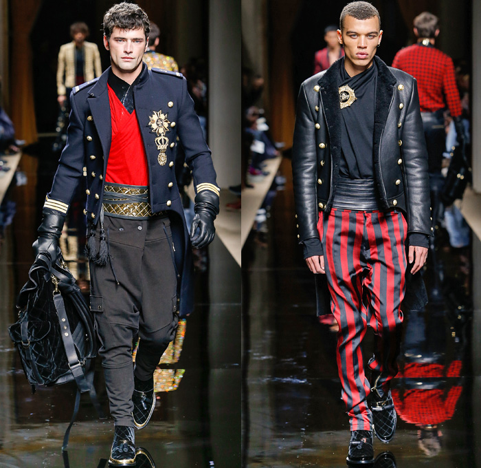 Balmain 2016-2017 Fall Autumn Winter Mens Runway Catwalk Looks - Mode à Paris Fashion Week Mode Masculine France - Military Marching Band Ornamental Embroidery Adornments Bedazzled Gold Studs Fringes Velvet Harlequin Plaid Tartan Check Coat Furry Quilted Waffle Leather Parka Tuxedo Cocktail Smoking Jacket Vest Waistcoat Kimono Wrap Cummerbund Sash Waist Boots Medals Emblem Stripes Colonial Knee Panels Biker Pants