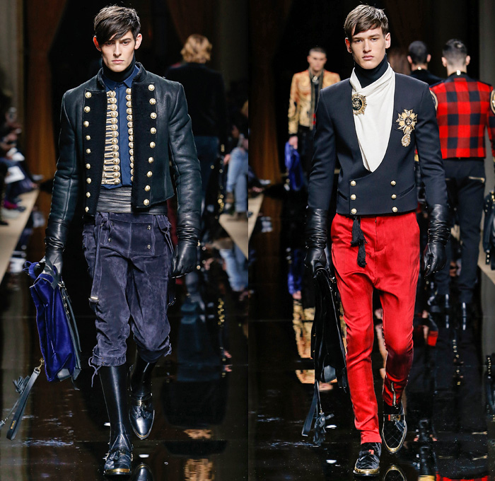 Balmain 2016-2017 Fall Autumn Winter Mens Runway Catwalk Looks - Mode à Paris Fashion Week Mode Masculine France - Military Marching Band Ornamental Embroidery Adornments Bedazzled Gold Studs Fringes Velvet Harlequin Plaid Tartan Check Coat Furry Quilted Waffle Leather Parka Tuxedo Cocktail Smoking Jacket Vest Waistcoat Kimono Wrap Cummerbund Sash Waist Boots Medals Emblem Stripes Colonial Knee Panels Biker Pants