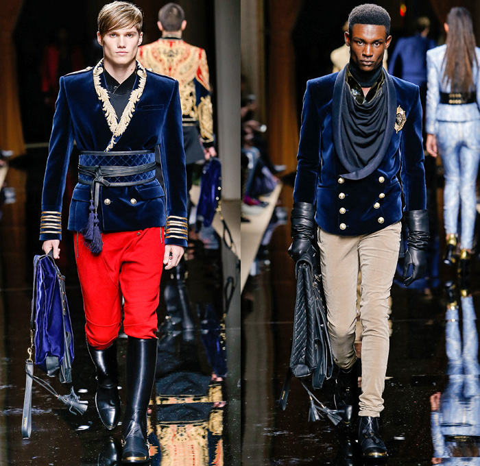 Balmain 2016-2017 Fall Autumn Winter Mens Runway Catwalk Looks - Mode à Paris Fashion Week Mode Masculine France - Military Marching Band Ornamental Embroidery Adornments Bedazzled Gold Studs Fringes Velvet Harlequin Plaid Tartan Check Coat Furry Quilted Waffle Leather Parka Tuxedo Cocktail Smoking Jacket Vest Waistcoat Kimono Wrap Cummerbund Sash Waist Boots Medals Emblem Stripes Colonial Knee Panels Biker Pants