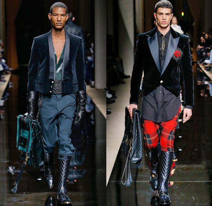 Balmain 2016-2017 Fall Autumn Winter Mens Runway Catwalk Looks - Mode à Paris Fashion Week Mode Masculine France - Military Marching Band Ornamental Embroidery Adornments Bedazzled Gold Studs Fringes Velvet Harlequin Plaid Tartan Check Coat Furry Quilted Waffle Leather Parka Tuxedo Cocktail Smoking Jacket Vest Waistcoat Kimono Wrap Cummerbund Sash Waist Boots Medals Emblem Stripes Colonial Knee Panels Biker Pants