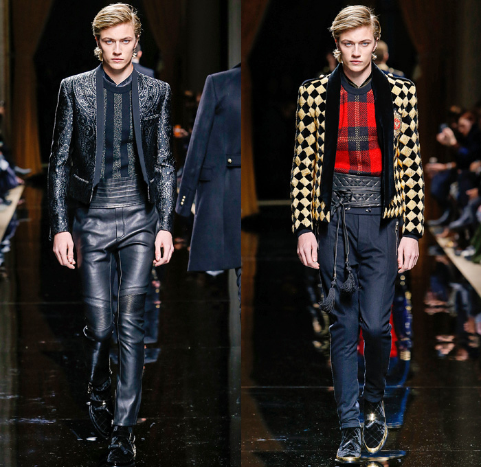 Balmain 2016-2017 Fall Autumn Winter Mens Runway Catwalk Looks - Mode à Paris Fashion Week Mode Masculine France - Military Marching Band Ornamental Embroidery Adornments Bedazzled Gold Studs Fringes Velvet Harlequin Plaid Tartan Check Coat Furry Quilted Waffle Leather Parka Tuxedo Cocktail Smoking Jacket Vest Waistcoat Kimono Wrap Cummerbund Sash Waist Boots Medals Emblem Stripes Colonial Knee Panels Biker Pants