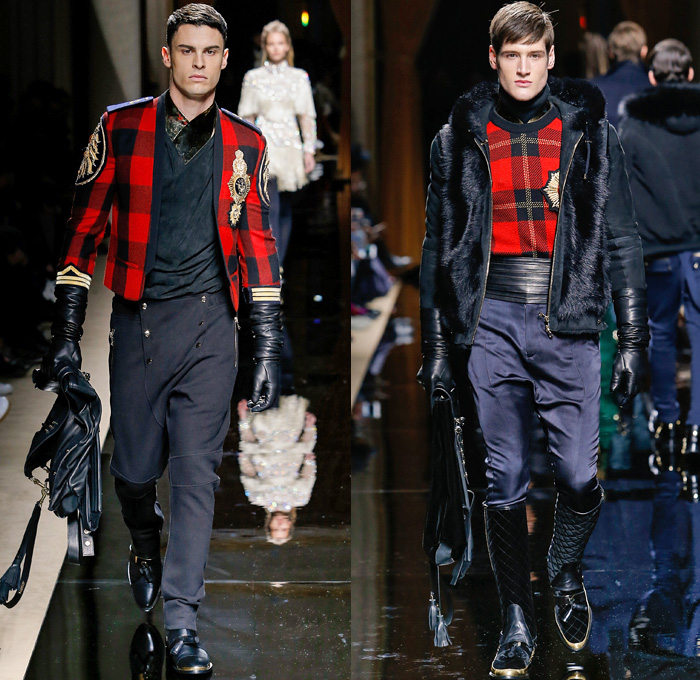 Balmain 2016-2017 Fall Autumn Winter Mens Runway Catwalk Looks - Mode à Paris Fashion Week Mode Masculine France - Military Marching Band Ornamental Embroidery Adornments Bedazzled Gold Studs Fringes Velvet Harlequin Plaid Tartan Check Coat Furry Quilted Waffle Leather Parka Tuxedo Cocktail Smoking Jacket Vest Waistcoat Kimono Wrap Cummerbund Sash Waist Boots Medals Emblem Stripes Colonial Knee Panels Biker Pants