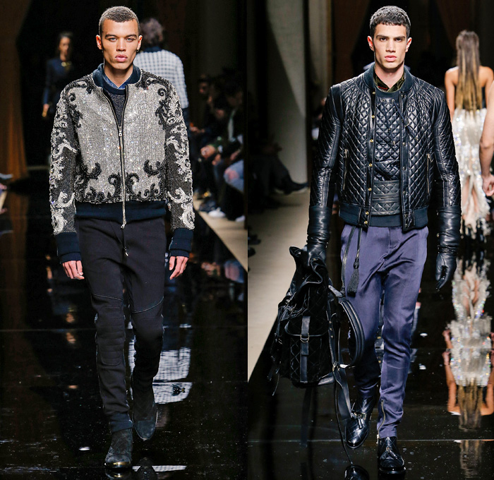 Balmain 2016-2017 Fall Autumn Winter Mens Runway Catwalk Looks - Mode à Paris Fashion Week Mode Masculine France - Military Marching Band Ornamental Embroidery Adornments Bedazzled Gold Studs Fringes Velvet Harlequin Plaid Tartan Check Coat Furry Quilted Waffle Leather Parka Tuxedo Cocktail Smoking Jacket Vest Waistcoat Kimono Wrap Cummerbund Sash Waist Boots Medals Emblem Stripes Colonial Knee Panels Biker Pants