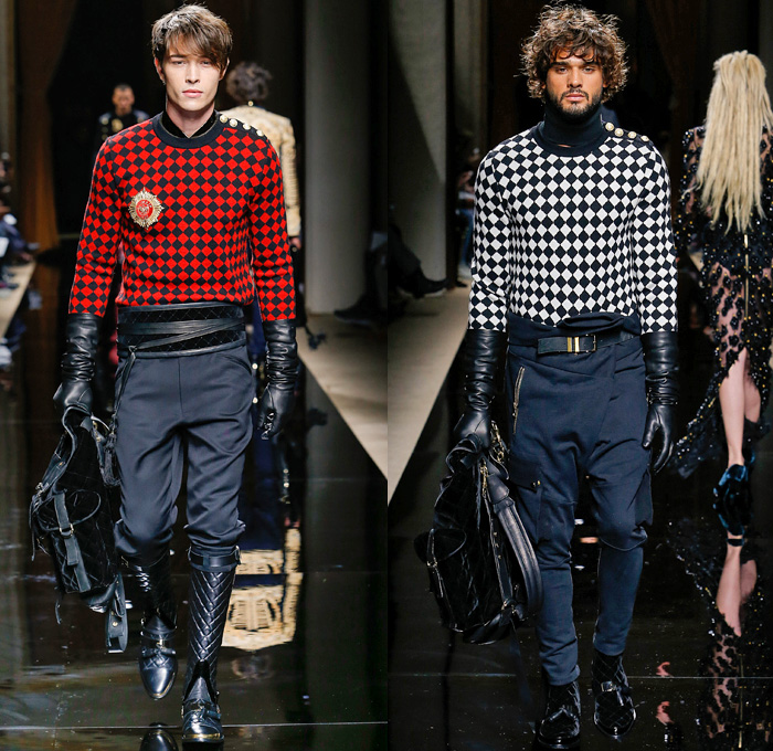 Balmain 2016-2017 Fall Autumn Winter Mens Runway Catwalk Looks - Mode à Paris Fashion Week Mode Masculine France - Military Marching Band Ornamental Embroidery Adornments Bedazzled Gold Studs Fringes Velvet Harlequin Plaid Tartan Check Coat Furry Quilted Waffle Leather Parka Tuxedo Cocktail Smoking Jacket Vest Waistcoat Kimono Wrap Cummerbund Sash Waist Boots Medals Emblem Stripes Colonial Knee Panels Biker Pants