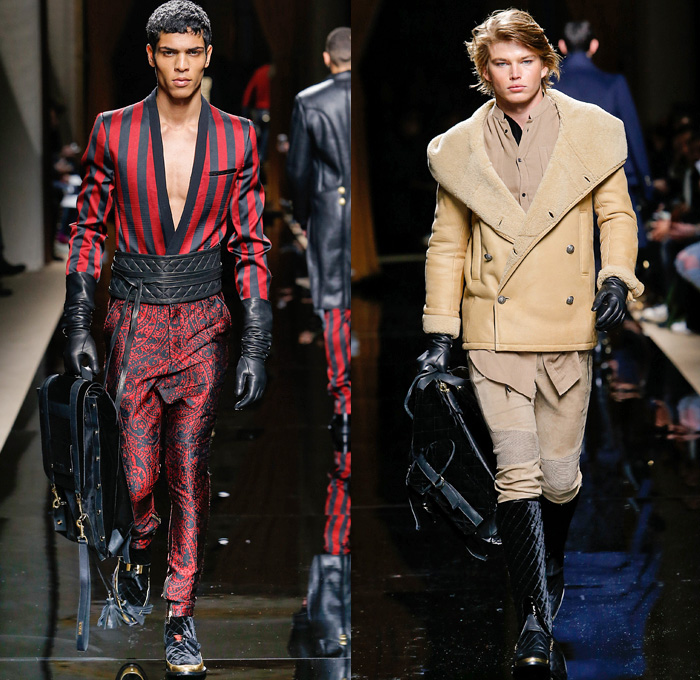 Balmain 2016-2017 Fall Autumn Winter Mens Runway Catwalk Looks - Mode à Paris Fashion Week Mode Masculine France - Military Marching Band Ornamental Embroidery Adornments Bedazzled Gold Studs Fringes Velvet Harlequin Plaid Tartan Check Coat Furry Quilted Waffle Leather Parka Tuxedo Cocktail Smoking Jacket Vest Waistcoat Kimono Wrap Cummerbund Sash Waist Boots Medals Emblem Stripes Colonial Knee Panels Biker Pants