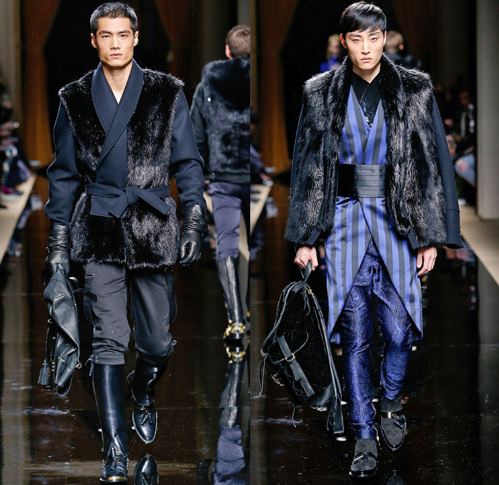 Balmain 2016-2017 Fall Autumn Winter Mens Runway Catwalk Looks - Mode à Paris Fashion Week Mode Masculine France - Military Marching Band Ornamental Embroidery Adornments Bedazzled Gold Studs Fringes Velvet Harlequin Plaid Tartan Check Coat Furry Quilted Waffle Leather Parka Tuxedo Cocktail Smoking Jacket Vest Waistcoat Kimono Wrap Cummerbund Sash Waist Boots Medals Emblem Stripes Colonial Knee Panels Biker Pants